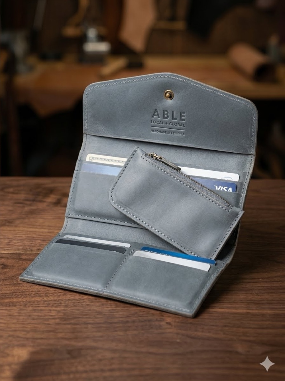 ABLE Debre Deluxe Grey Leather Women's Minimalist Trifold Wallet+ coin pouch